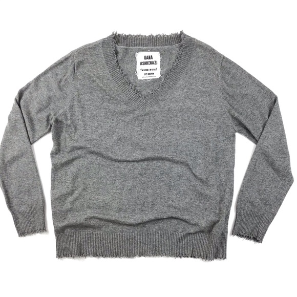 Dana Ashkenazi sweater raw edge V-neck oversized Grey wool thin loose minimalist - Picture 2 of 6